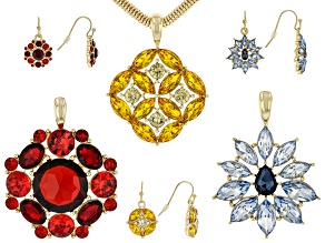 Multi-Color Crystal Gold Tone Floral 3 Set Earrings & 3 Set Pendants With Snake Chain