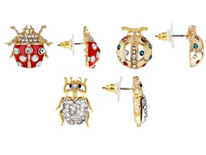 Multi-Color Crystal & Red Enamel Gold Tone Beetle Earrings Set of 3