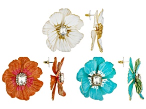 White Crystal Multi-Color Enamel Gold Tone Floral Earring Set of 3
