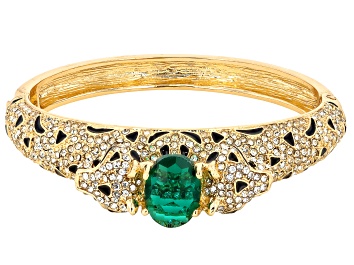 Picture of White & Green Crystal Black Enamel Gold Tone Jaguar Bracelet