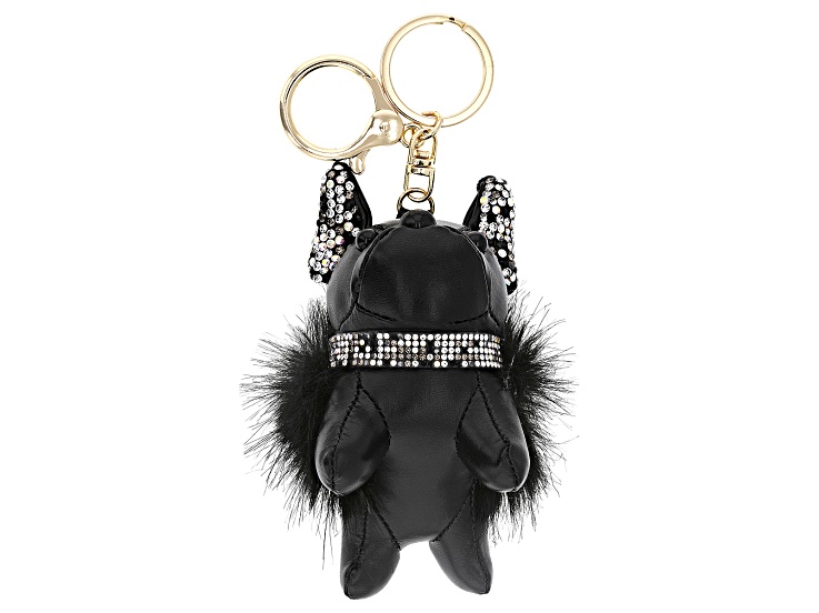 Imitation Black Leather White Crystal Gold Tone French Bulldog