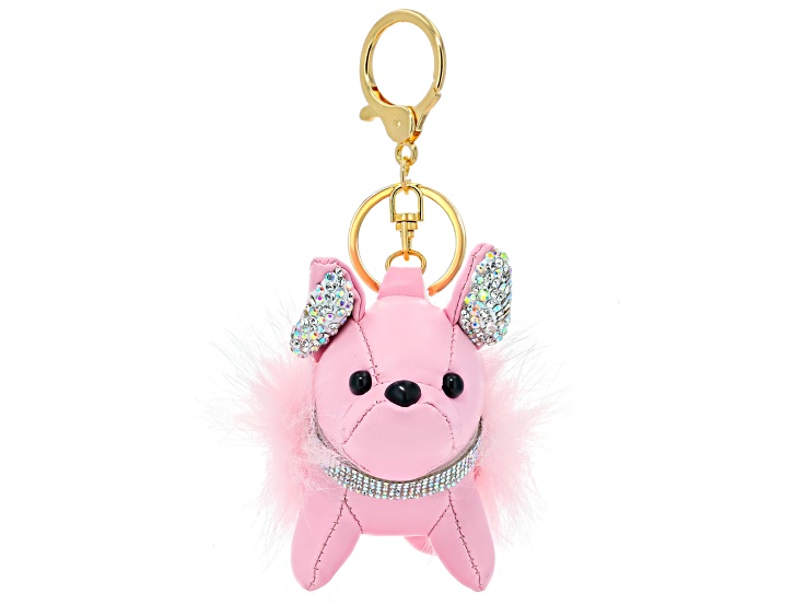Imitation Pink Leather White Crystal Gold Tone French Bulldog