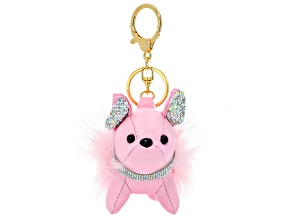Imitation Pink Leather White Crystal Gold Tone French Bulldog Handbag Charm