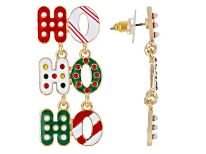 Multi-Color Enamel, Crystal, Pearl Simulant Gold Tone "Ho-Ho-Ho" Earrings