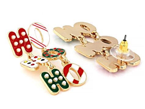 Multi-Color Enamel, Crystal, Pearl Simulant Gold Tone "Ho-Ho-Ho" Earrings