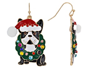 Multi-Color Crystal & Enamel Gold Tone Boston Terrier Christmas Earrings
