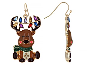 Multi-Color Crystal & Enamel Gold Tone Reindeer Earrings