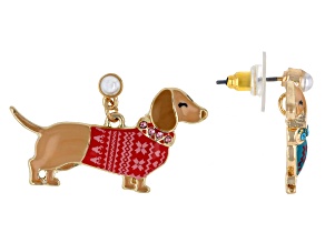 Multi-Color Crystal, Enamel, & Pearl Simulant Christmas Dachshund Earrings