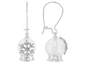 White Crystal & Resin Silver Tone Snow Globe Earrings