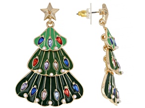 Multi-Color Crystal, Pearl Simulant, Enamel Gold Tone Christmas Tree Earrings
