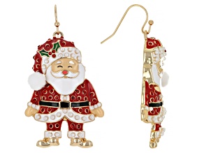 Multi-Color Crystal, Enamel, & Pearl Simulant Gold Tone Santa Earrings