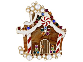 Multi-Color Crystal & Enamel Gold Tone Gingerbread House Brooch