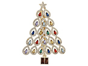 Multi-Color Crystal Gold Tone Christmas Tree Brooch