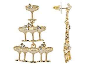 White Crystal & Enamel Gold Tone Champagne Tower Earrings