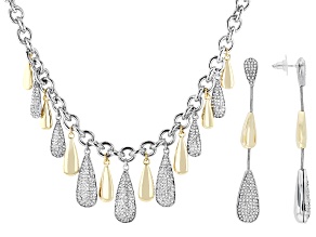 White Crystal Two-Tone Dangle Necklace & Earring Set