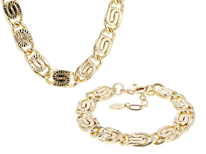 Gold Tone Sunburst Link Necklace & Bracelet Set