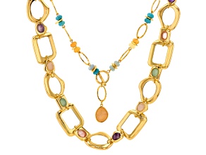 Multi-Color Simulated Opal Gold Tone Necklace Set of 2