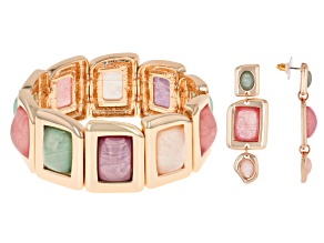 Multi-Color Simulated Opal Gold Tone Stretch Bracelet & Earring Set