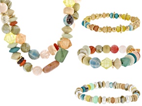 Multi-Color Acrylic Bead Gold Tone Necklace & Stretch Bracelet Set