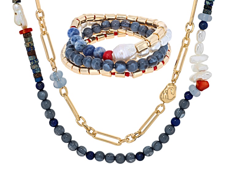 Multi-Color Acrylic Bead Multi-Row Necklace & Stretch Bracelet Set