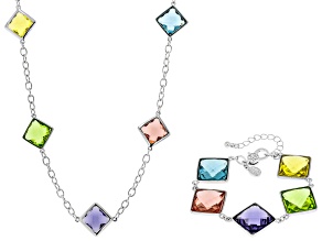 Multi-Color Pastel Crystal Silver Tone Station Necklace & Bracelet Set
