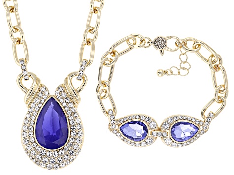 Tanzanite Color & White Crystal Gold Tone Necklace & Bracelet Set