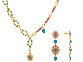 Turquoise Simulant, Multi-Color Enamel Gold Tone Necklace & Earring Set