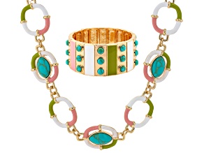 Turquoise Simulant, Multi-Color Enamel Gold Tone Necklace & Stretch Bracelet Set
