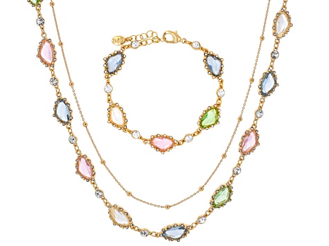 Pastel Multi-Color Crystal & Resin Gold Tone Necklace & Bracelet
