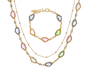 Pastel Multi-Color Crystal & Resin Gold Tone Necklace & Bracelet Set
