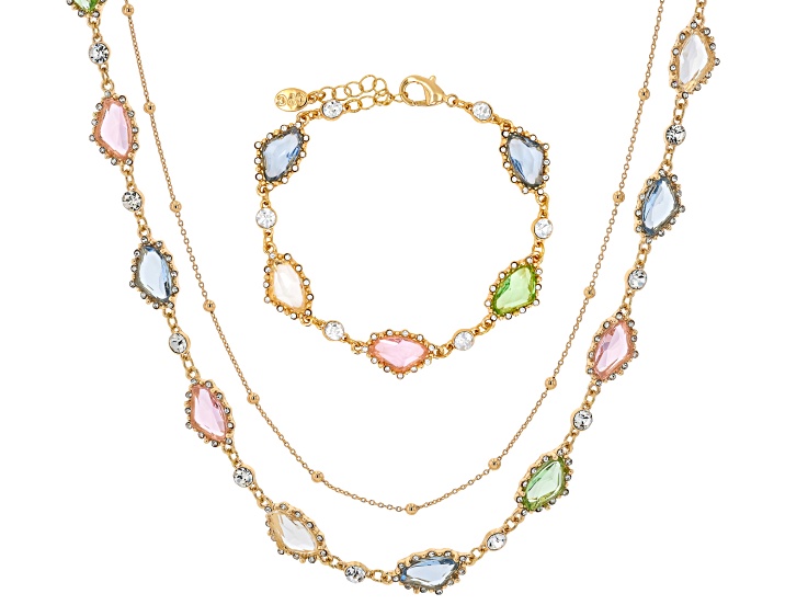 Pastel Multi-Color Crystal & Resin Gold Tone Necklace & Bracelet Set