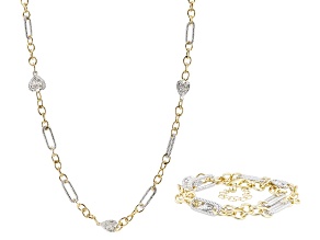 White Crystal Two-Toned Heart Station Necklace & Wrap Bracelet Set