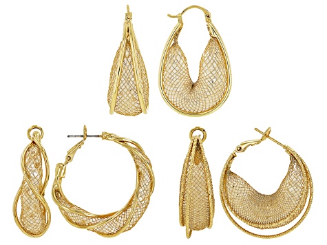 White Crystal Gold Tone Mesh Hoop Earring Set of 3 - OPC2111 | JTV