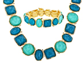 Waterfall Color Acrylic, White Crystal Gold Tone Necklace & Stretch Bracelet Set