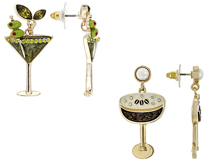 Multi-Color Enamel, & Crystal Gold Tone Martini Earrings Set of 2