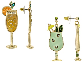 Multi-Color Enamel, & Crystal Gold Tone Mojito & Mimosa Motif Earring Set of 2
