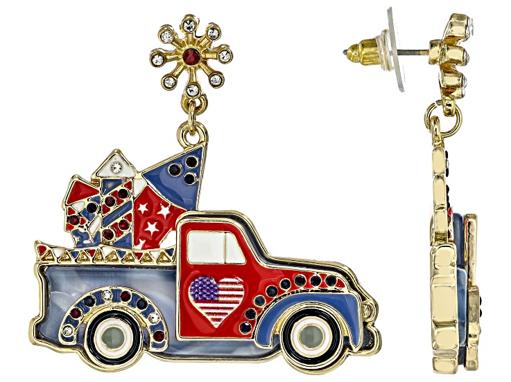 Multi-Color Enamel & Crystal Gold Tone Vintage Fireworks Truck Earrings