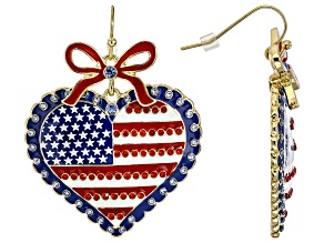 Multi-Color Enamel & Crystal Gold Tone Patriotic Heart Earrings