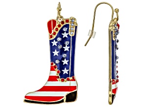 Multi-Color Enamel & Crystal Gold Tone Patriotic Cowboy Boot Earrings