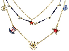 Multi-Color Enamel & Crystal Gold Tone Patriotic Multi-Row Necklace