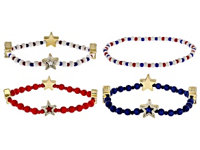 Multi-Color Enamel & Crystal Gold Tone Patriotic Set of 4 Stretch Bracelets