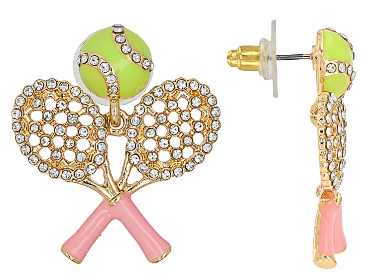 White Crystal, Yellow & Pink Enamel Tennis Racquet Set Earrings