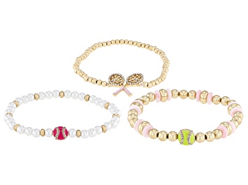 Picture of Pearl Simulant, Enamel, & Crystal Gold Tone Tennis Stretch Bracelet Set of 3