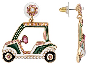 Multi-Color Enamel, Crystal, & Pearl Simulant Gold Tone Golf Cart Earrings