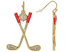 White Crystal & Pink Enamel Gold Tone Golf Club Set Motif Earrings