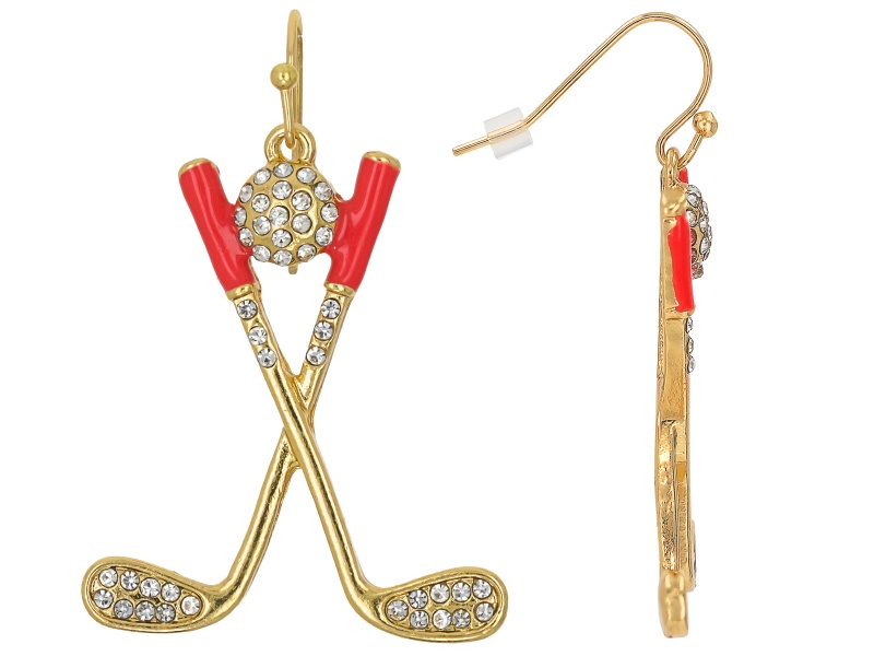 White Crystal & Pink Enamel Gold Tone Golf Clubs Earrings