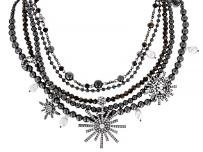 Crystal & Pearl Simulant Hematine Tone Celestial Necklace