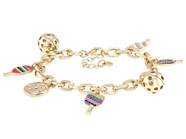 Multi-Color Enamel & Crystal Gold Tone Pickleball Charm Bracelet