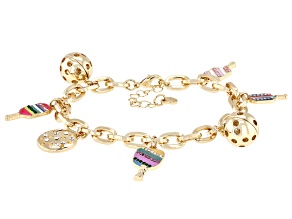 Multi-Color Enamel & Crystal Gold Tone Pickleball Charm Bracelet