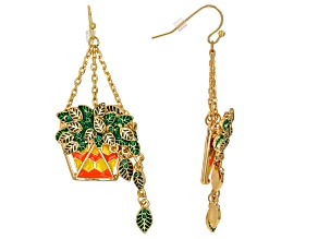 Green Crystal & Multi-Color Enamel Gold Tone Hanging Plant Motif Earrings